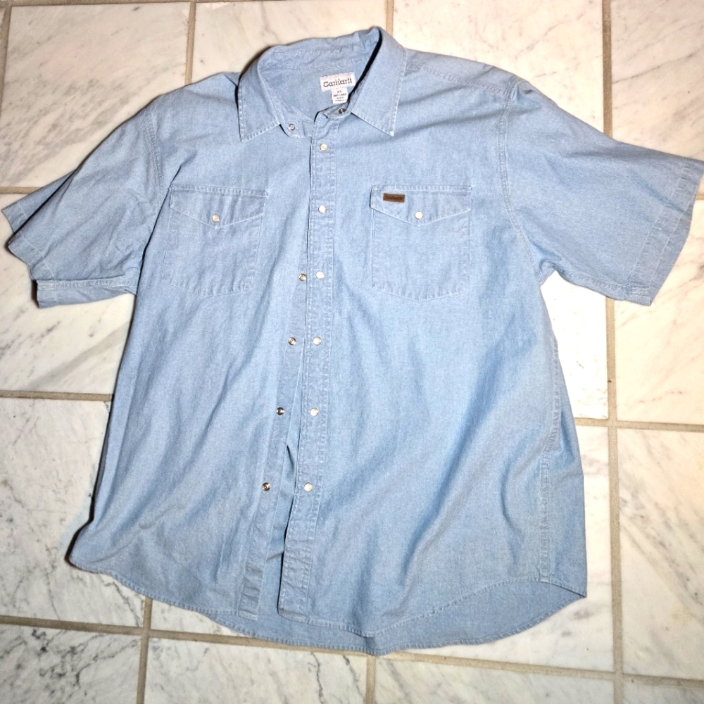 Carhartt Men’s Chambray Denim S/S Shirt Pear Snap Blue Size XL Vintage